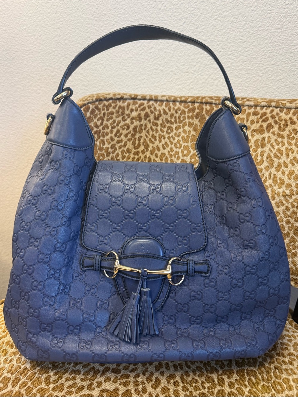 💯Auth GUCCI EMILY Blue Leather Hobo/Shoulder Bag w Tassel Horsebit Gold Hardware